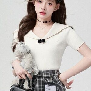 White Japanese Kawaii Style Summer Knitted Black Ribbon Bow Blouse Shirt Top